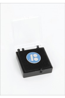 Blue button badge with needle fastener in a gift box