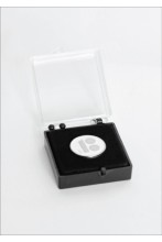 White button badge with needle fastener in a gift box