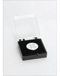 White button badge with magnetic fastener in gift box