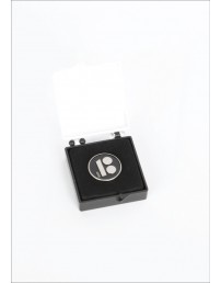 Black button badge with magnetic fastener in gift box