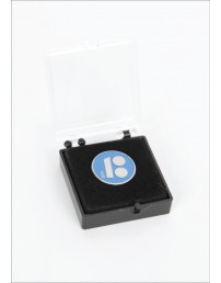 Blue button badge with needle fastener in a gift box